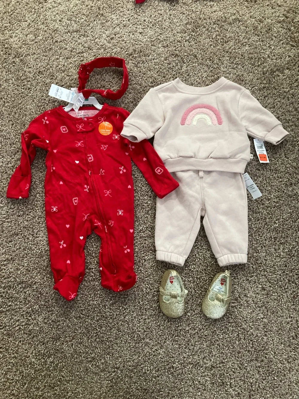SET 0-3: NWT- Baby Gap Sweatshirt+Joggers, Carter’s 1-Piece, & Baby B’Gosh Shoes